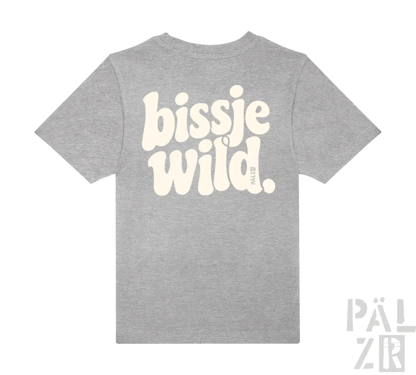 Graues meliertes kinder t shirt aus baumwolle mit retro creamfarbener bissje wild grafik auf der rückseite