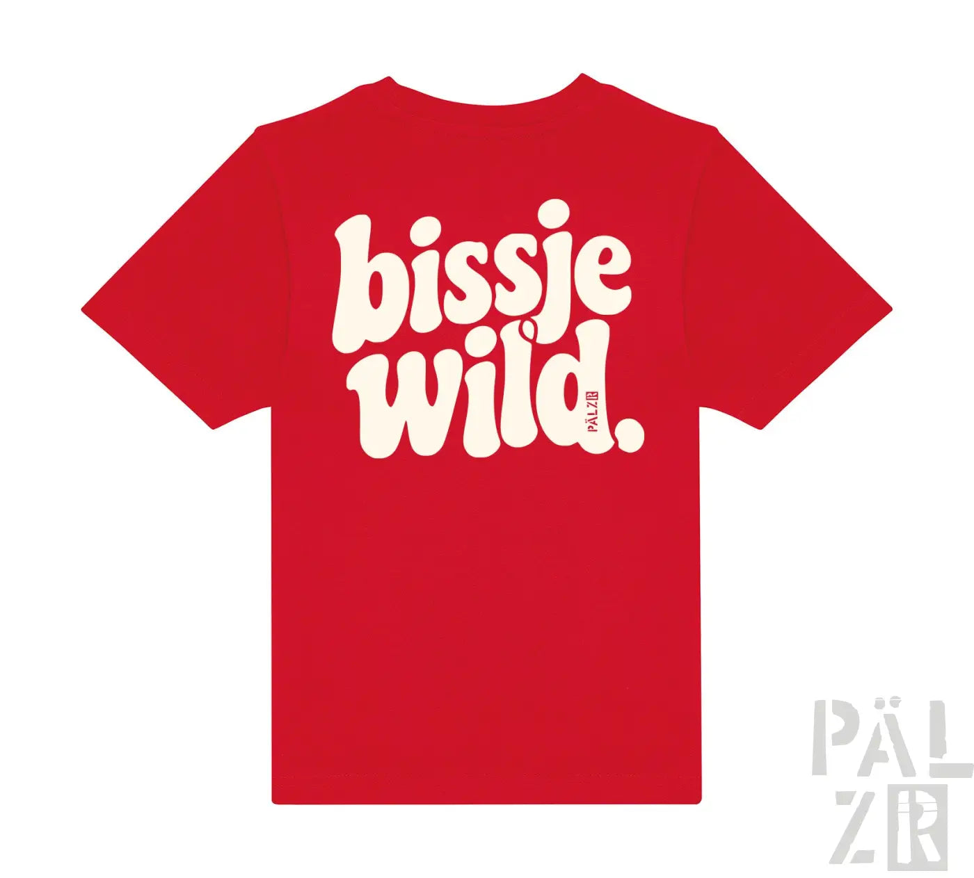 Rote kurzarm kinder t-shirt mit weißem bissje wild retro schriftzug auf der rückseite in verschiedenen farben