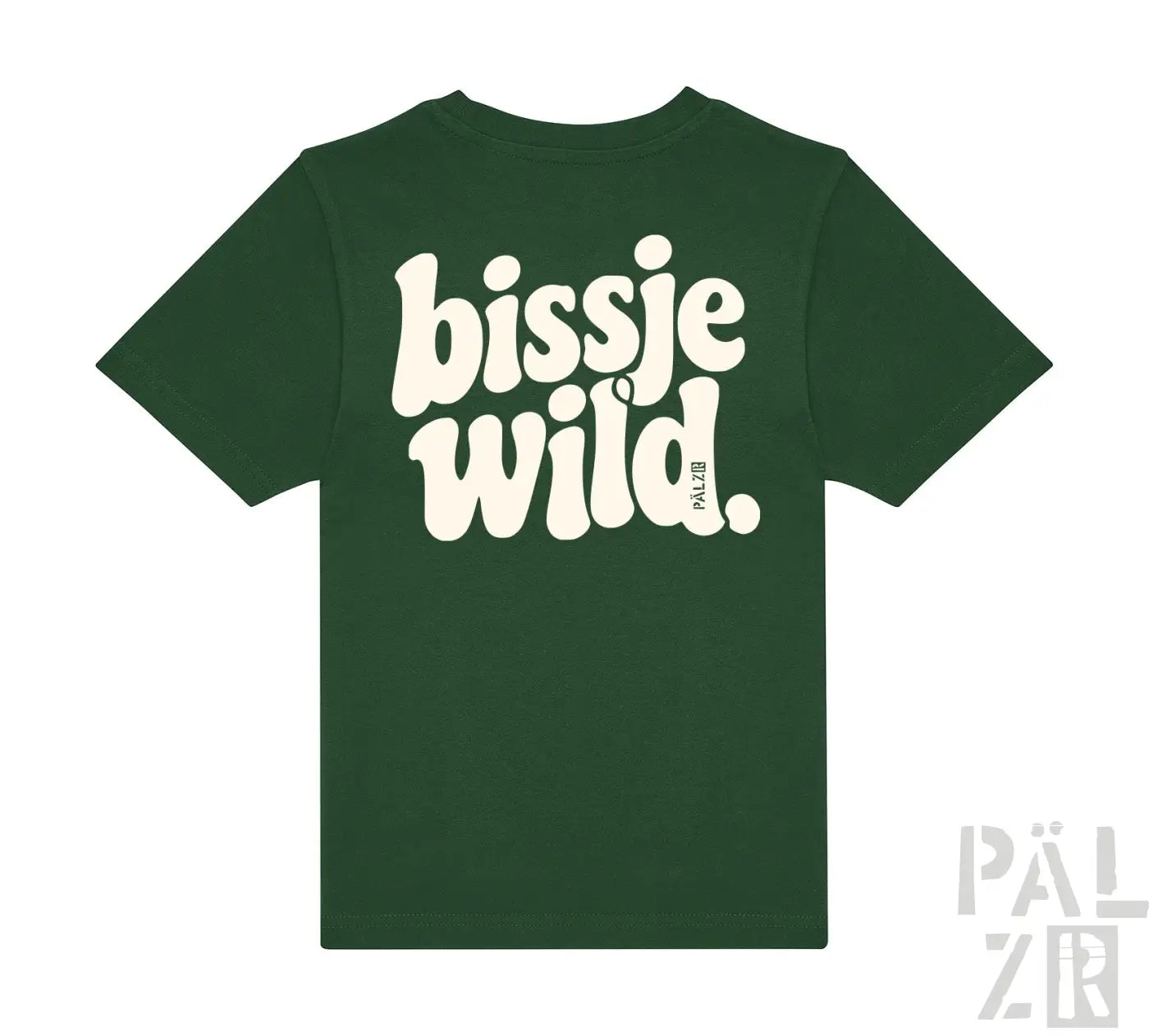 Dunkelgrünes kurzarm kinder t-shirt mit weißem bissje wild grafik im retro-stil auf der rückseite