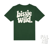 Dunkelgrünes kurzarm kinder t-shirt mit weißem bissje wild grafik im retro-stil auf der rückseite