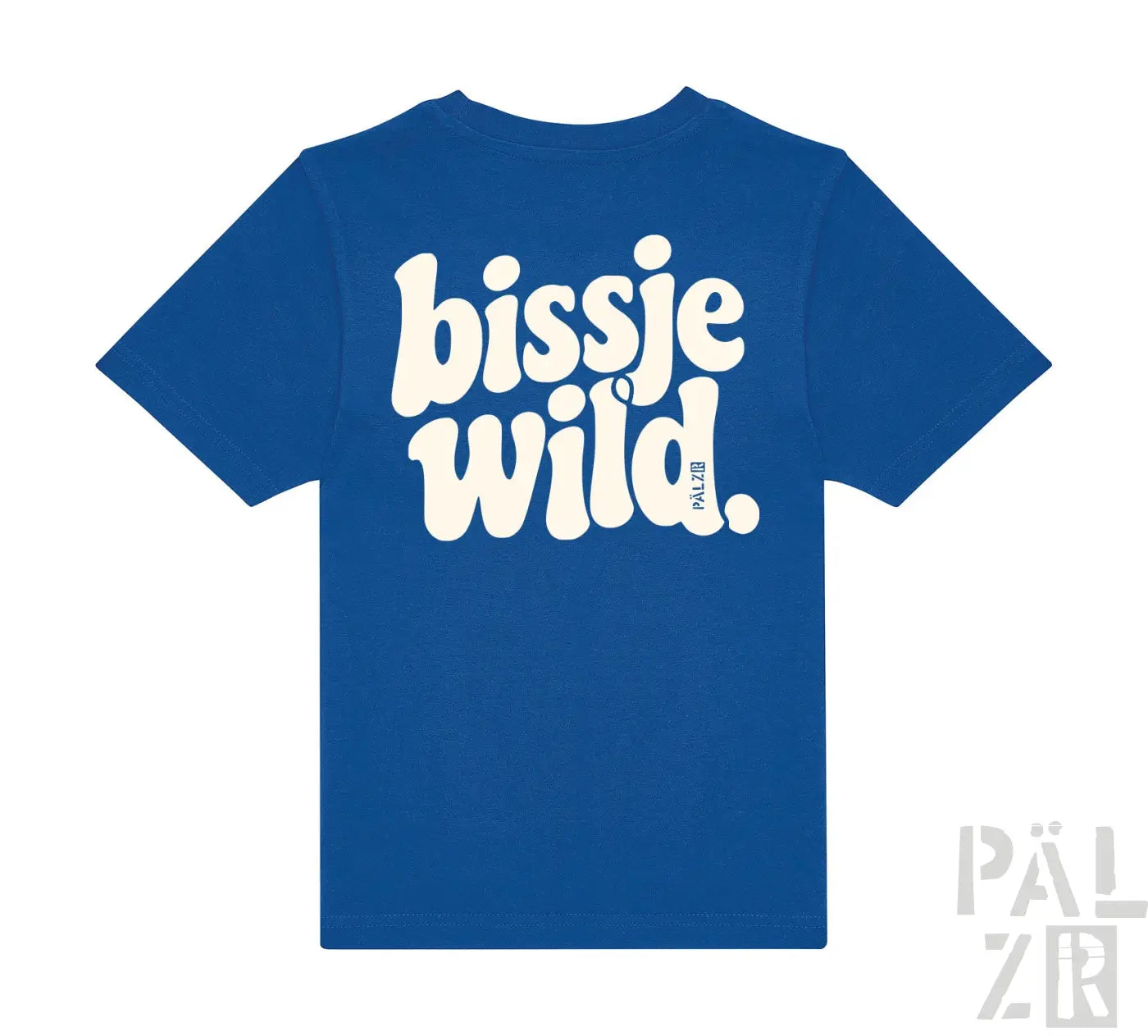 Kinder royalblaue kurzarm t shirt mit weißem bissje wild schriftzug auf der rückseite in verspielter schrift