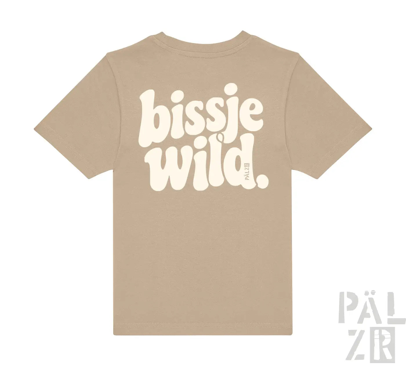 Beige kurzarm kinder t-shirt mit weißem bissje wild print auf der rückseite in verschiedenen farben