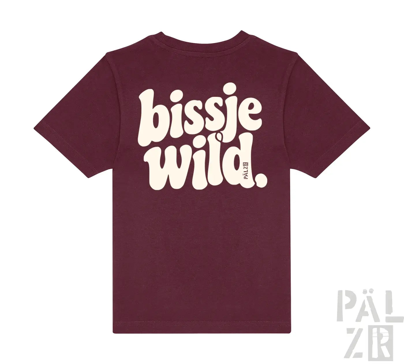 Maroon kinder t-shirt mit kurzem arm und weißem bissje wild retro-schriftzug auf der rückseite