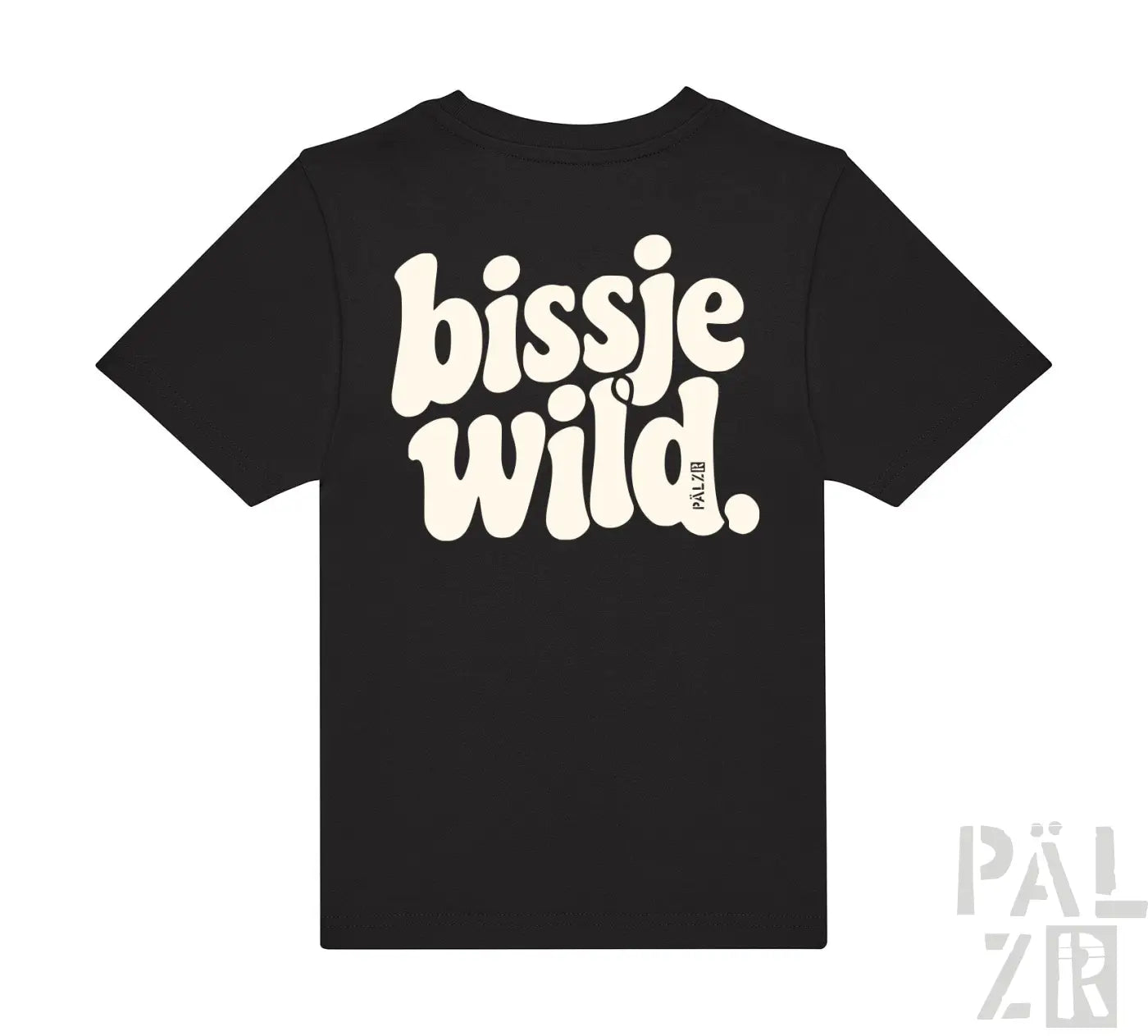 Schwarzes kinder t-shirt mit kurzärmeln und cremefarbener retro rückendruck bissje wild in verschiedenen farben