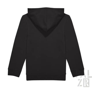 Schwarze Kapuzenpulli mit Kapuze und langen Ärmeln, wahrscheinlich aus Baumwolle oder Polyester-Mischung.
