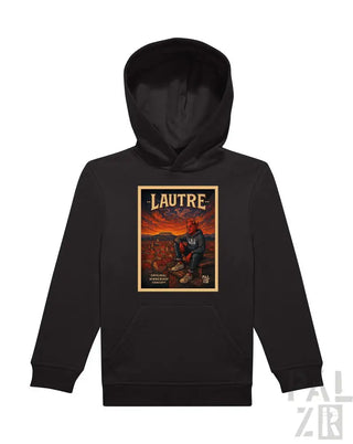 Schwarze Kapuzenpulli mit Kapuze, Grafikdruck eines Mannes zu Pferd vor Sonnenuntergang-Hintergrund.