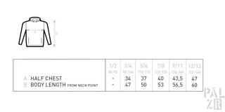 Hoodie mit Maßstab für halbe Brust- und Körperlänge in Schwarz auf weißem Hintergrund.
