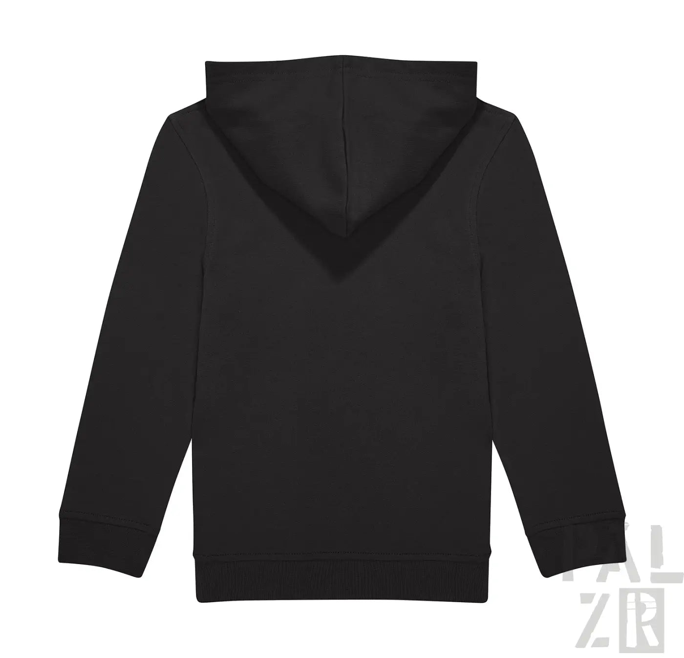 Schwarze Kapuzenpulli mit Kapuze und langen Ärmeln, wahrscheinlich aus Baumwolle oder Polyester-Mischung.