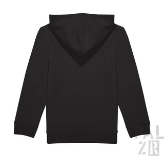 Schwarze Kapuzenpulli mit Kapuze und langen Ärmeln, wahrscheinlich aus Baumwolle oder Polyester-Mischung.