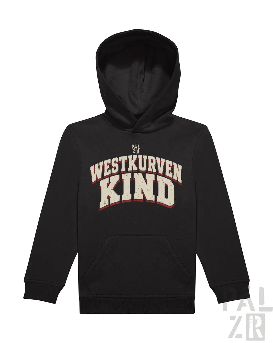 Kinder hoodie westkurvenkind in schwarz mit creme und roter schrift aus hochwertiger baumwolle