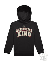 Kinder hoodie westkurvenkind in schwarz mit creme und roter schrift aus hochwertiger baumwolle