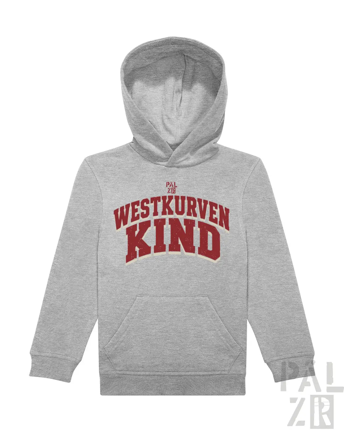 Grauer heather hoodie mit kräftigem roten gebogenem schriftzug westkurvenkind für kinder in verschiedenen farben