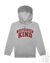Grauer heather hoodie mit kräftigem roten gebogenem schriftzug westkurvenkind für kinder in verschiedenen farben