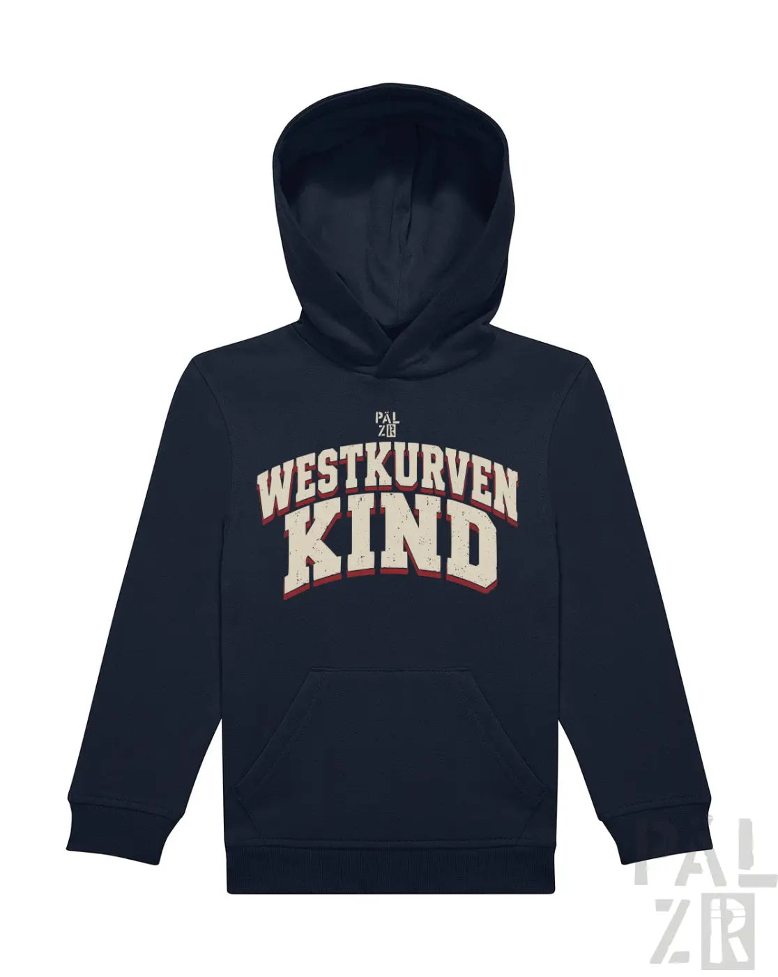 Navyblauer kinder hoodie westkurvenkind mit creme und roter schrift verschiedene farben erhältlich