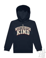 Navyblauer kinder hoodie westkurvenkind mit creme und roter schrift verschiedene farben erhältlich