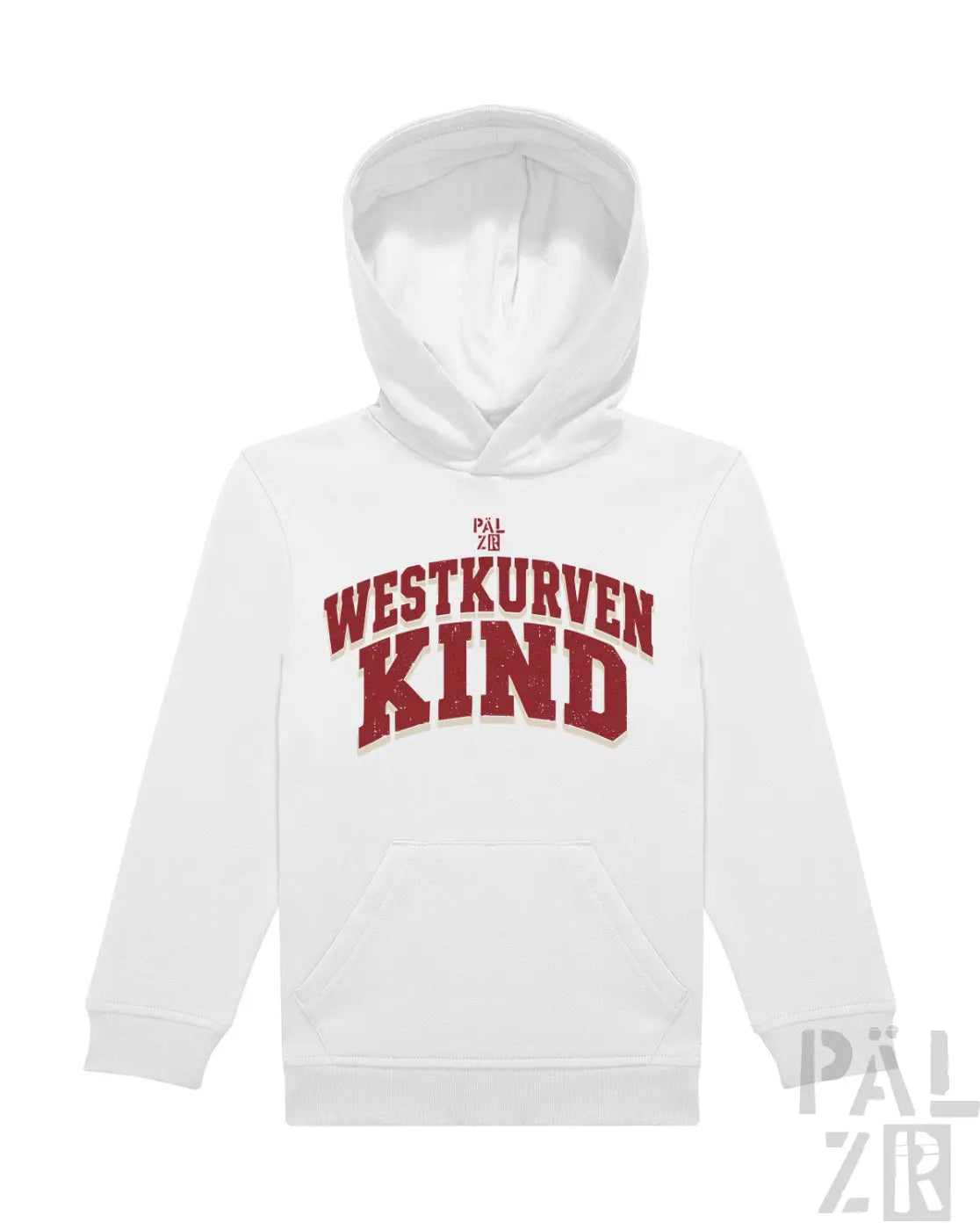 Weißer kinderhoodie mit roter arched schrift westkurvenkind auf der brust verschiedene farben verfügbar