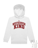 Weißer kinderhoodie mit roter arched schrift westkurvenkind auf der brust verschiedene farben verfügbar