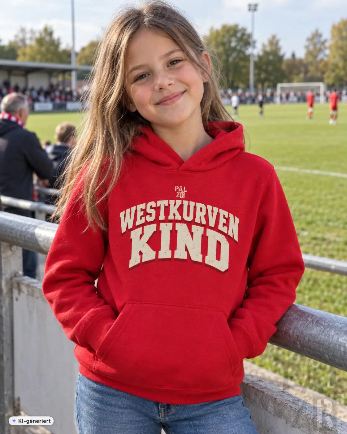 Roter kinderhoodie mit creamfarbenem westkurvenkind schriftzug aus baumwolle in verschiedenen farben