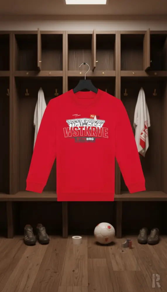 Ein roter langarm-pulli kinder mit weiß-schwarzem wstkrve grafikdesign in verschiedenen farben erhältlich