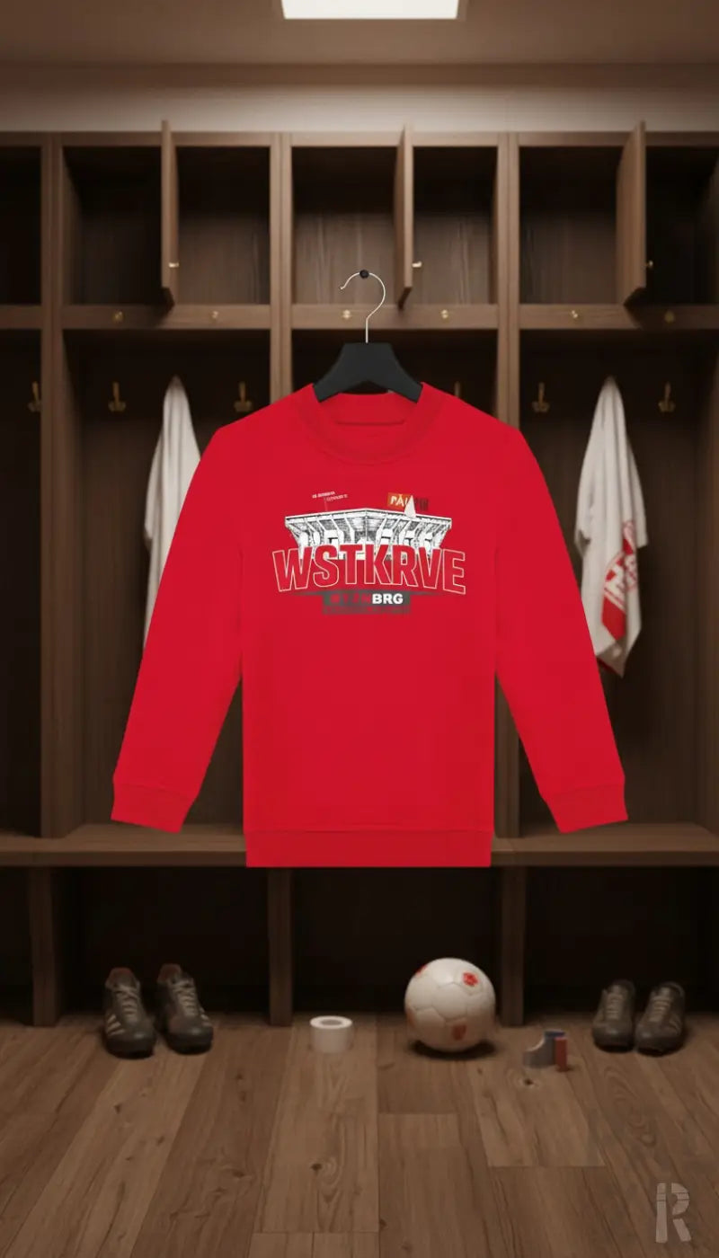 Ein roter langarm-pulli kinder mit weiß-schwarzem wstkrve grafikdesign in verschiedenen farben erhältlich