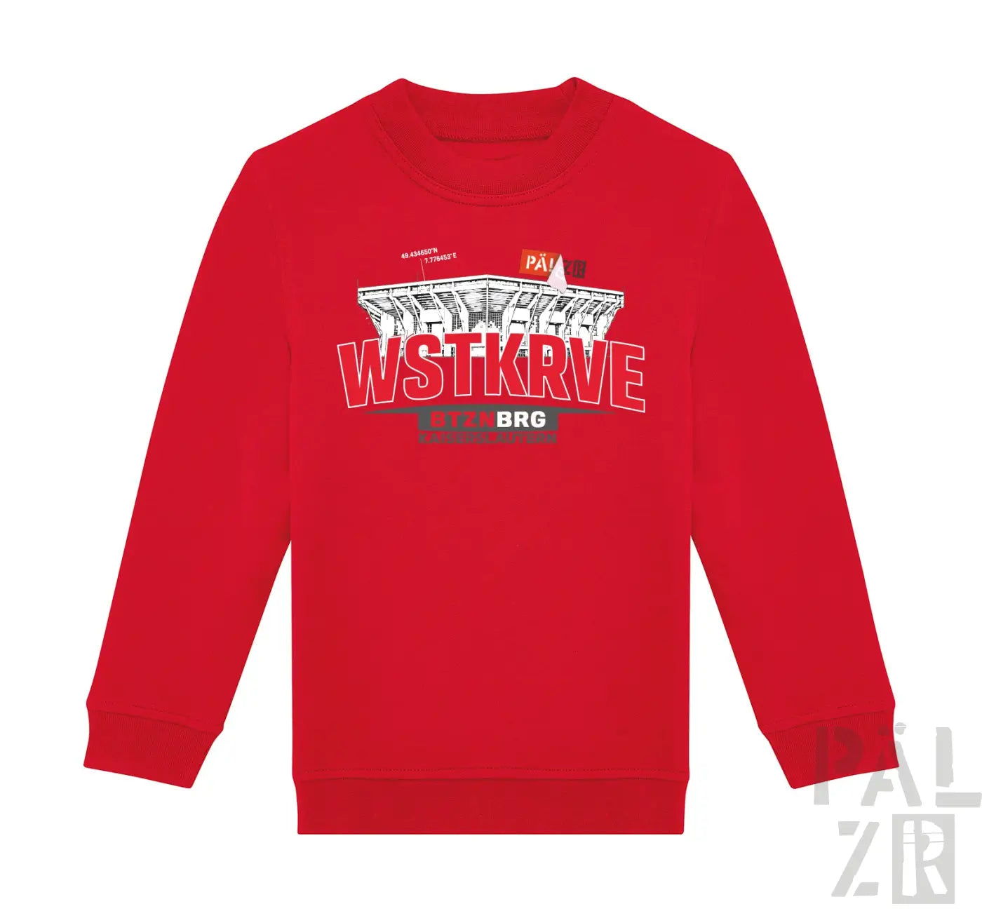 Roter kinder pulli mit langärmeln und stadion grafikdruck auf der brust aus verschiedenen farben