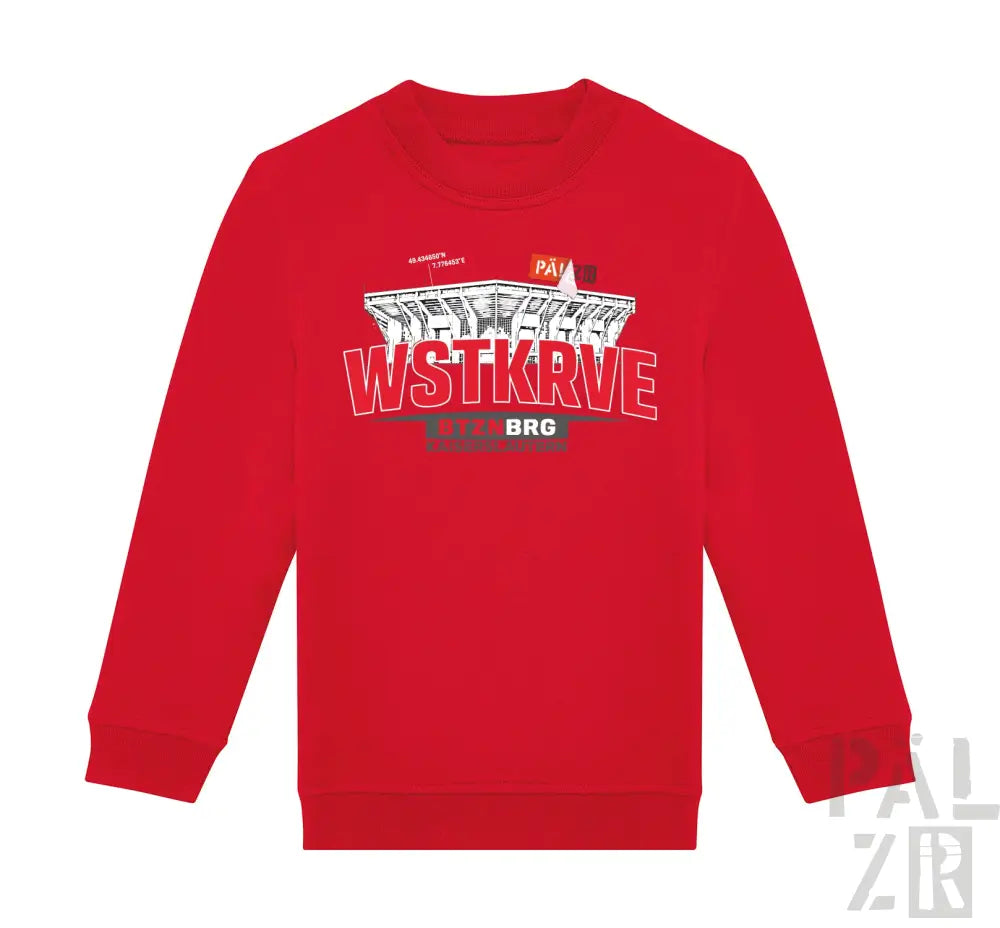 Roter kinder pulli mit langärmeln und stadion grafikdruck auf der brust aus verschiedenen farben