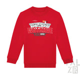 Roter kinder pulli mit langärmeln und stadion grafikdruck auf der brust aus verschiedenen farben