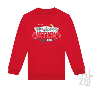 Roter kinder pulli mit langärmeln und stadion grafikdruck auf der brust aus verschiedenen farben