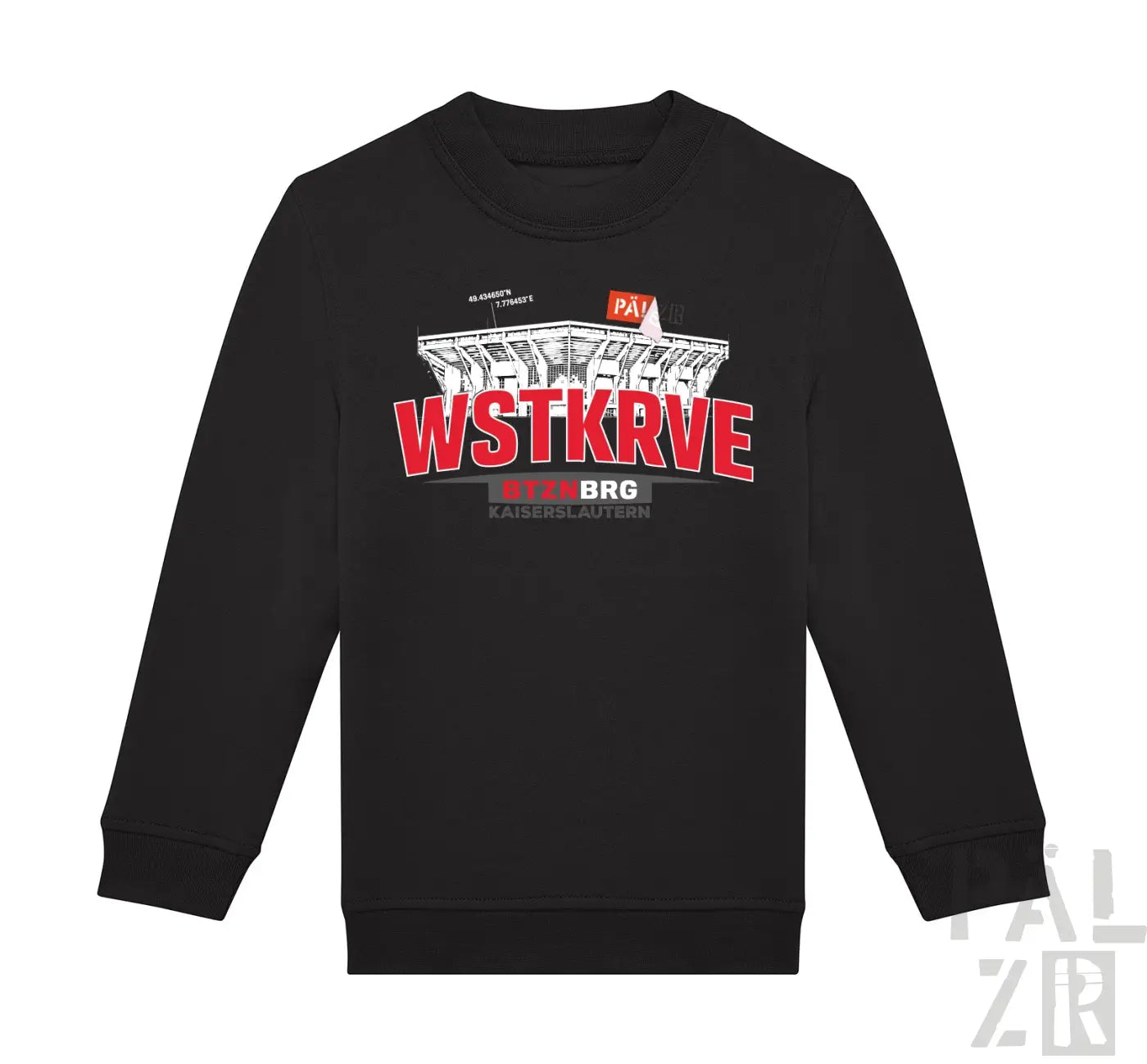 Schwarzer kinder pullover mit langen ärmeln und rotem weißen stadion grafikdruck wstkrv vorne