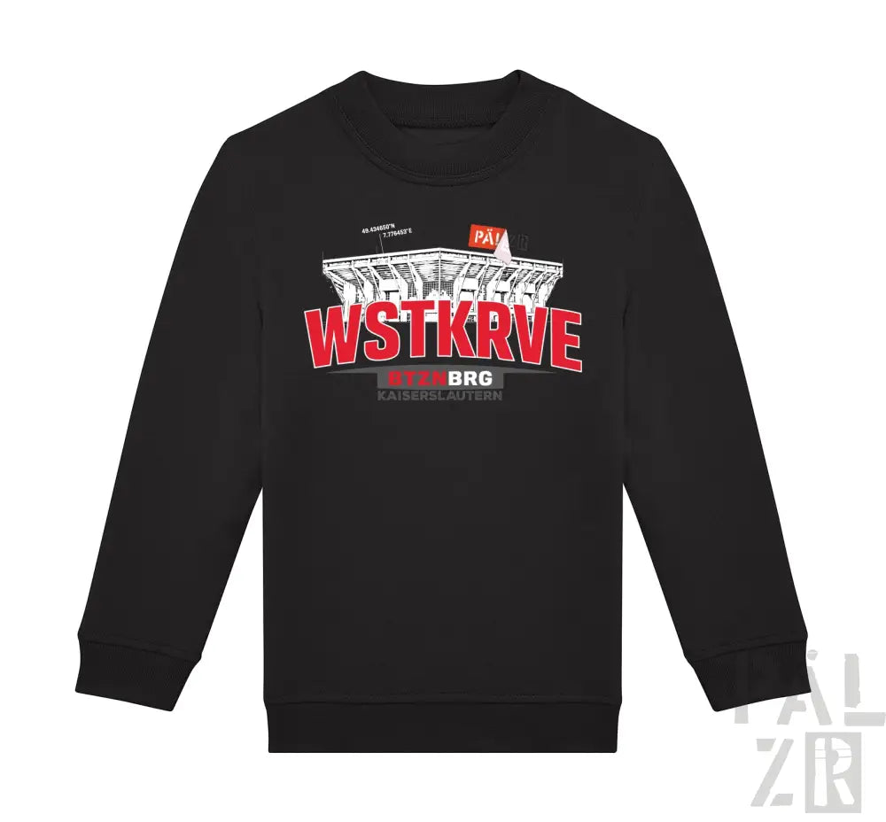 Schwarzer kinder pullover mit langen ärmeln und rotem weißen stadion grafikdruck wstkrv vorne