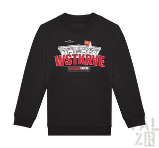 Schwarzer kinder pullover mit langen ärmeln und rotem weißen stadion grafikdruck wstkrv vorne