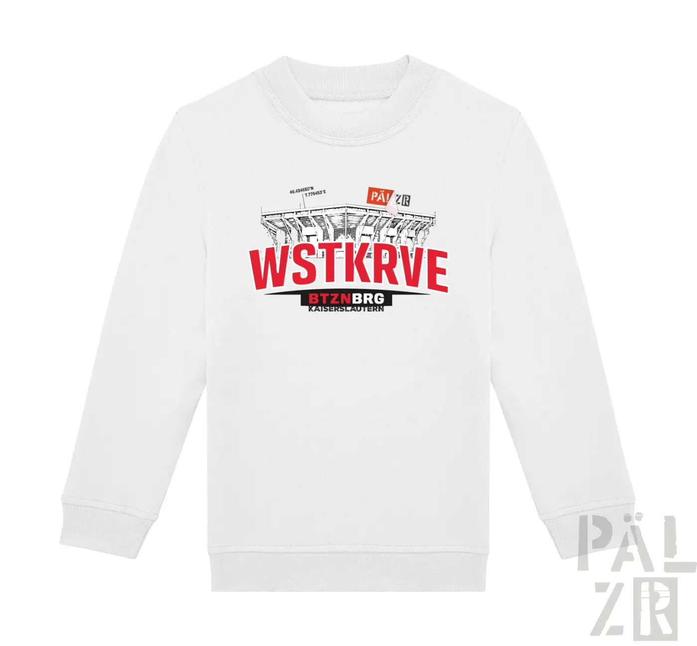 Weißes kinder langarm-sweatshirt mit rotem und schwarzem kaiserslautern stadionmotiv und wstkrv druck