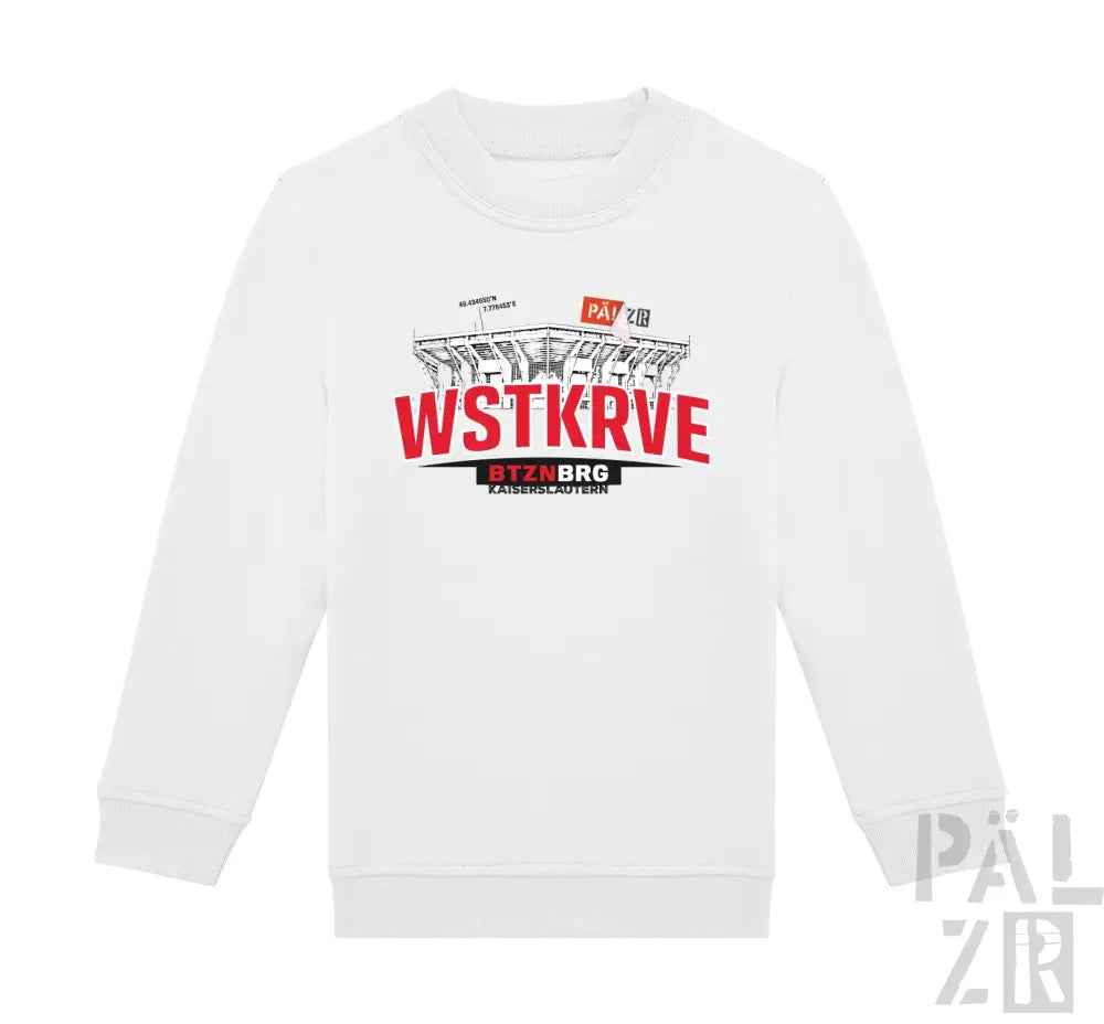 Weißes kinder langarm-sweatshirt mit rotem und schwarzem kaiserslautern stadionmotiv und wstkrv druck