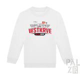 Weißes kinder langarm-sweatshirt mit rotem und schwarzem kaiserslautern stadionmotiv und wstkrv druck