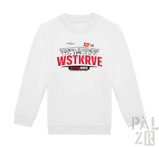 Weißes kinder langarm-sweatshirt mit rotem und schwarzem kaiserslautern stadionmotiv und wstkrv druck