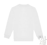 Weißer kinder-pulli mit langen ärmeln und pixelgrafik auf der rückseite aus verschiedenen farben