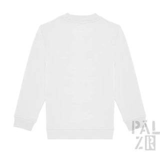 Weißer kinder-pulli mit langen ärmeln und pixelgrafik auf der rückseite aus verschiedenen farben
