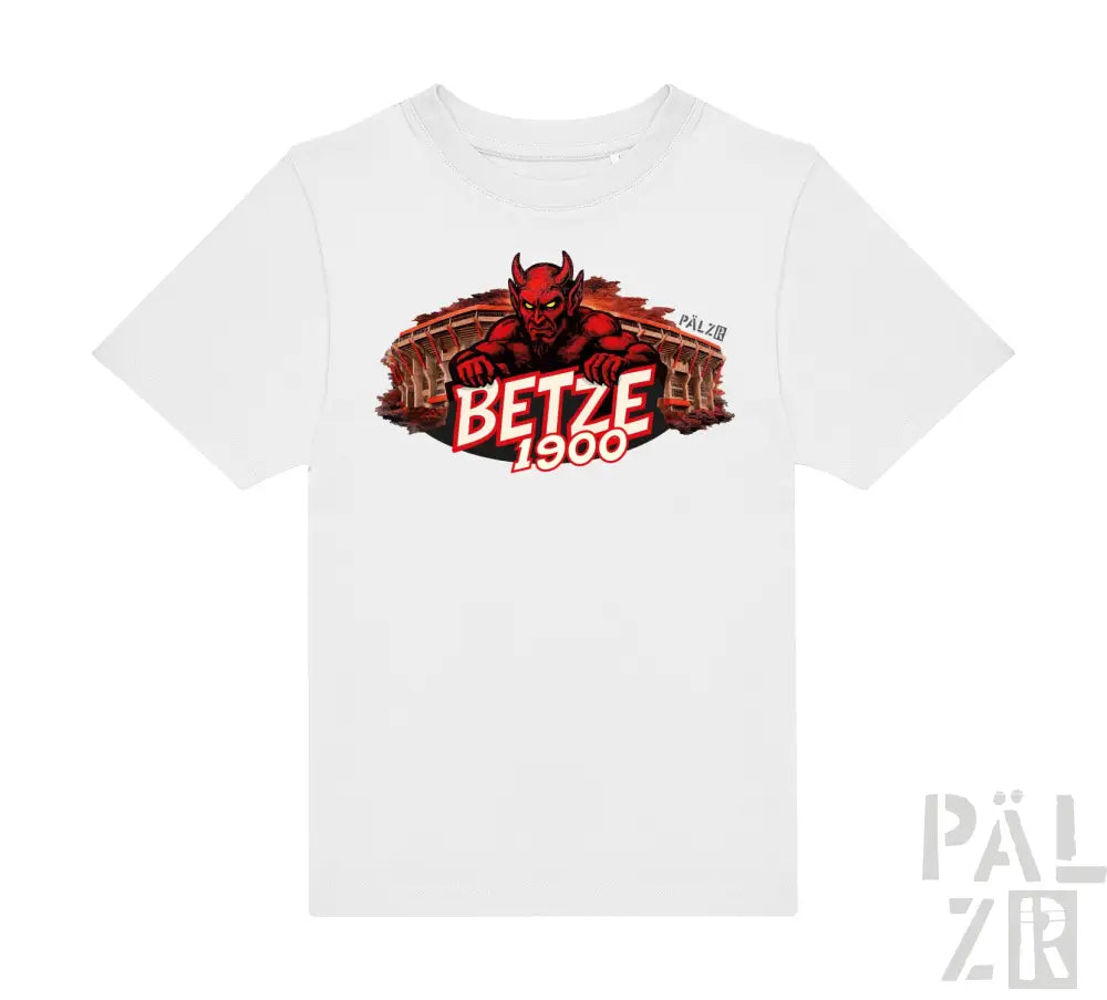 Weißes Baumwoll-T-Shirt mit einem fetten roten Teufel-Grafik und dem Text „betze 1900“ sowie einem architektonischen Hintergrund.
