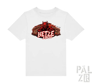 Weißes Baumwoll-T-Shirt mit einem fetten roten Teufel-Grafik und dem Text „betze 1900“ sowie einem architektonischen Hintergrund.
