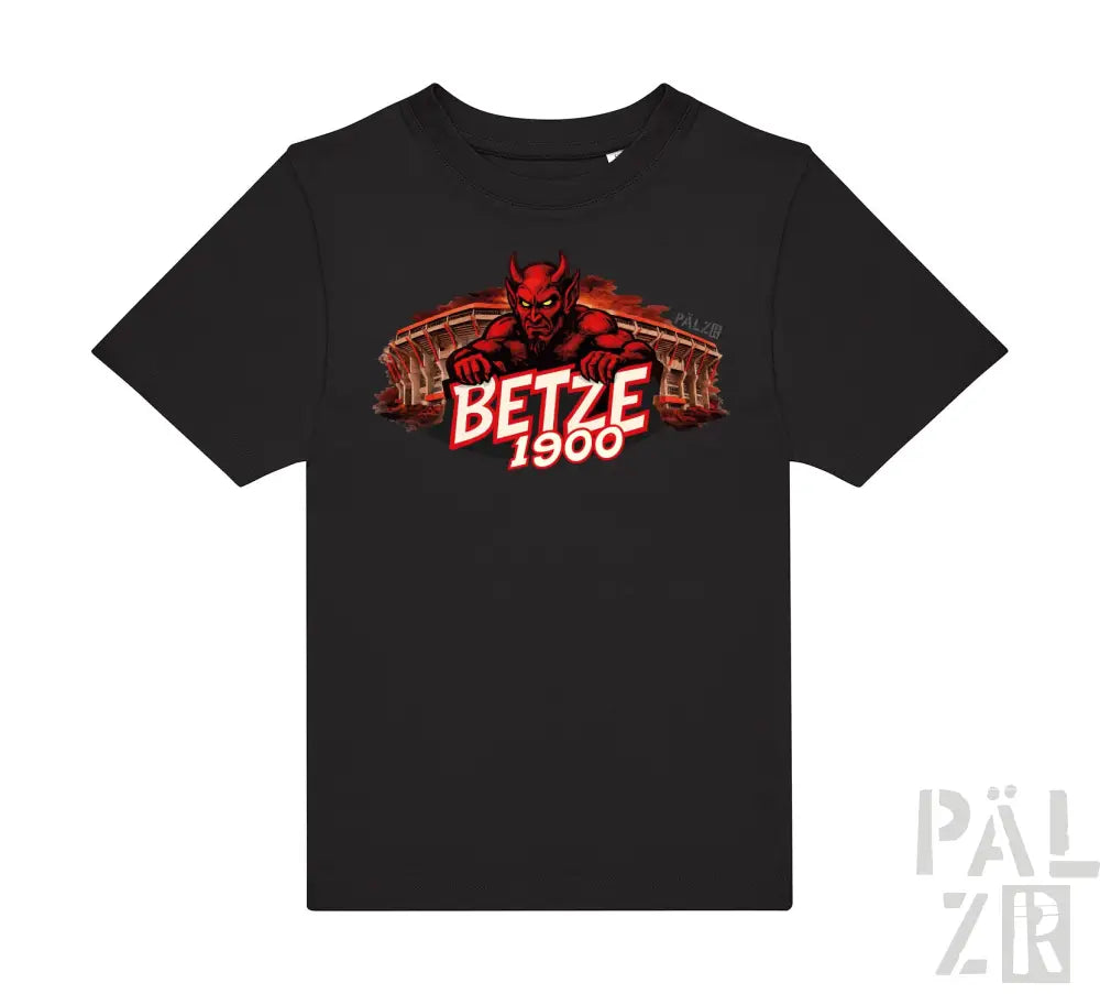 Schwarzes kurzärmliges T-Shirt mit rotem Teufel-Grafik und „betze 1900“-Text sowie Stadion-Motiven.