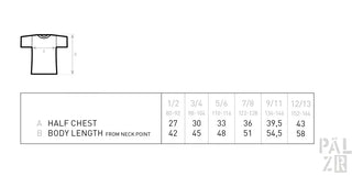 T-Shirt-Größentabelle mit Maßen für halbe Brustweite und Körperlänge vom Halsausschnitt.