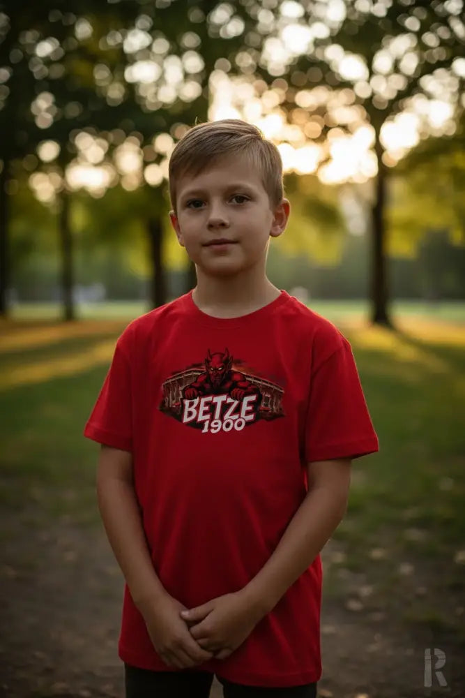 Ein rotes kurzärmliges T-Shirt mit einem schwarz-weißen Grafikmotiv eines Teufels und dem Text ’betze 1900’ darunter gedruckt.