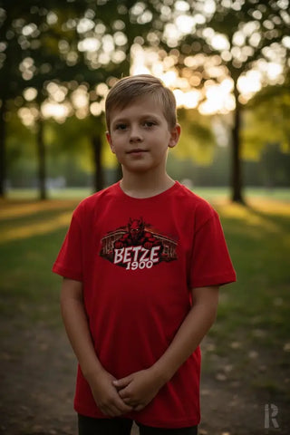 Ein rotes kurzärmliges T-Shirt mit einem schwarz-weißen Grafikmotiv eines Teufels und dem Text ’betze 1900’ darunter gedruckt.