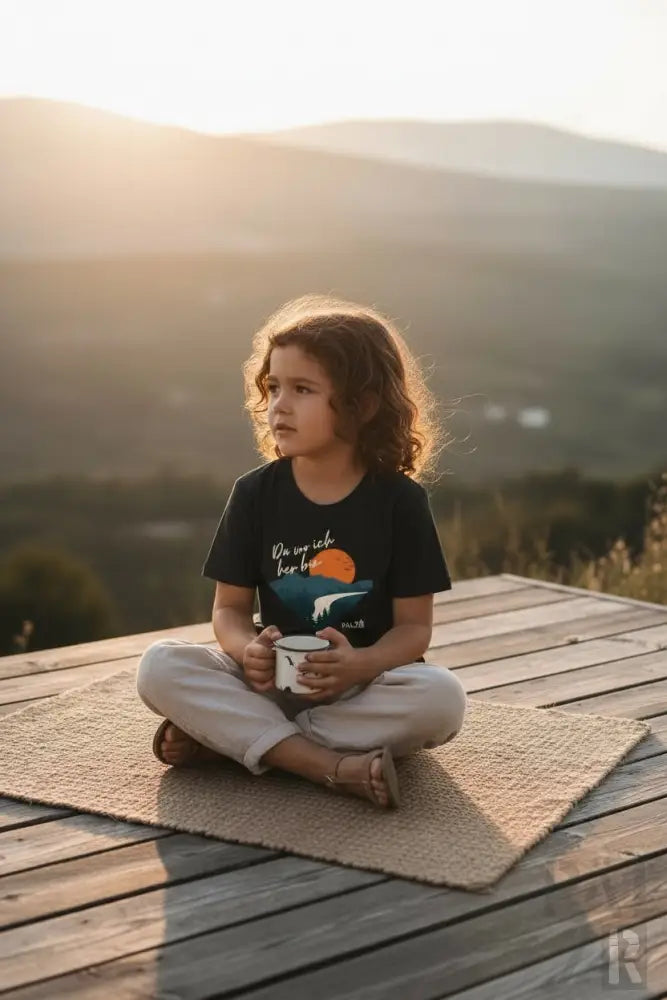 Schwarzes T-Shirt mit einem Sonnenuntergang- und Berg-Grafikdesign, das weißen Text oberhalb des Bildes aufweist
