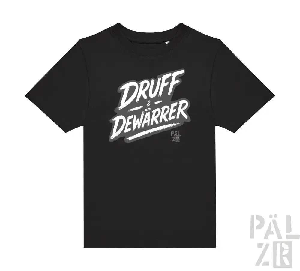 Schwarzes T-Shirt mit weißem Grafikdesign, das ’druff dewarrer’ in fetter, stilisierten Schriftart zeigt.