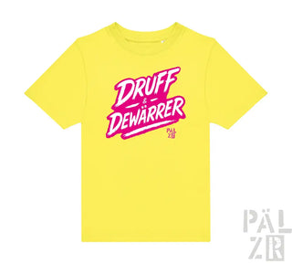 Gelbes T-Shirt mit pinkem ’druff dewarrer’ Grafikdesign.