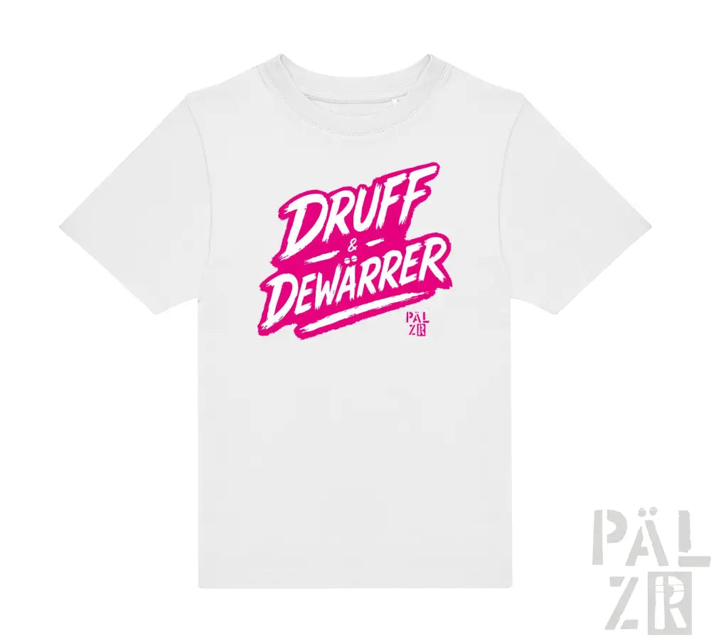 Weißes T-Shirt mit pinkem ’druff & dewarrer’ Grafikdesign, lässige Kleidung.