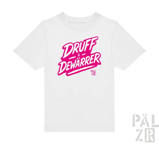 Weißes T-Shirt mit pinkem ’druff & dewarrer’ Grafikdesign, lässige Kleidung.
