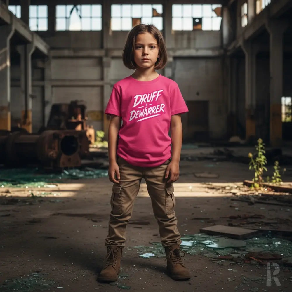 Rosa T-Shirt mit weißem Text ’druff dewarrier’, Material Baumwolle.