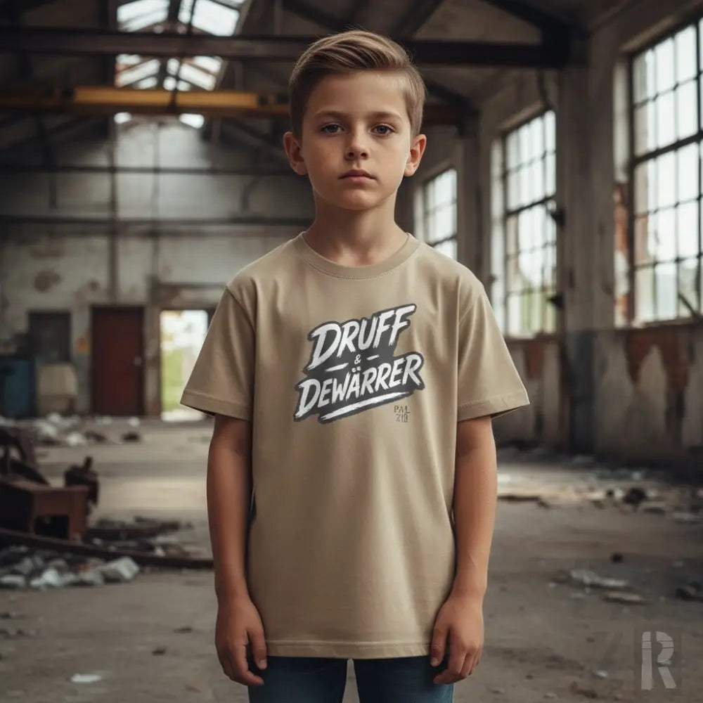Beige T-Shirt mit ’druff dewarrer’ Grafikdesign, lässige Kleidung.
